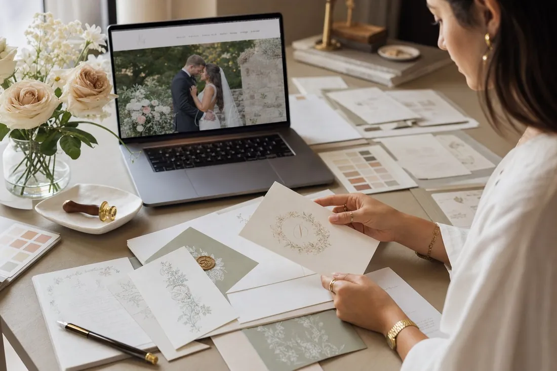 A wedding designer's desk with stationery proofs and an open laptop