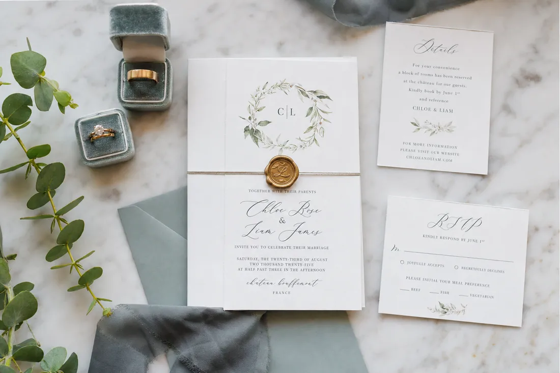 Wedding rings and a delicate bouquet on ivory fabric