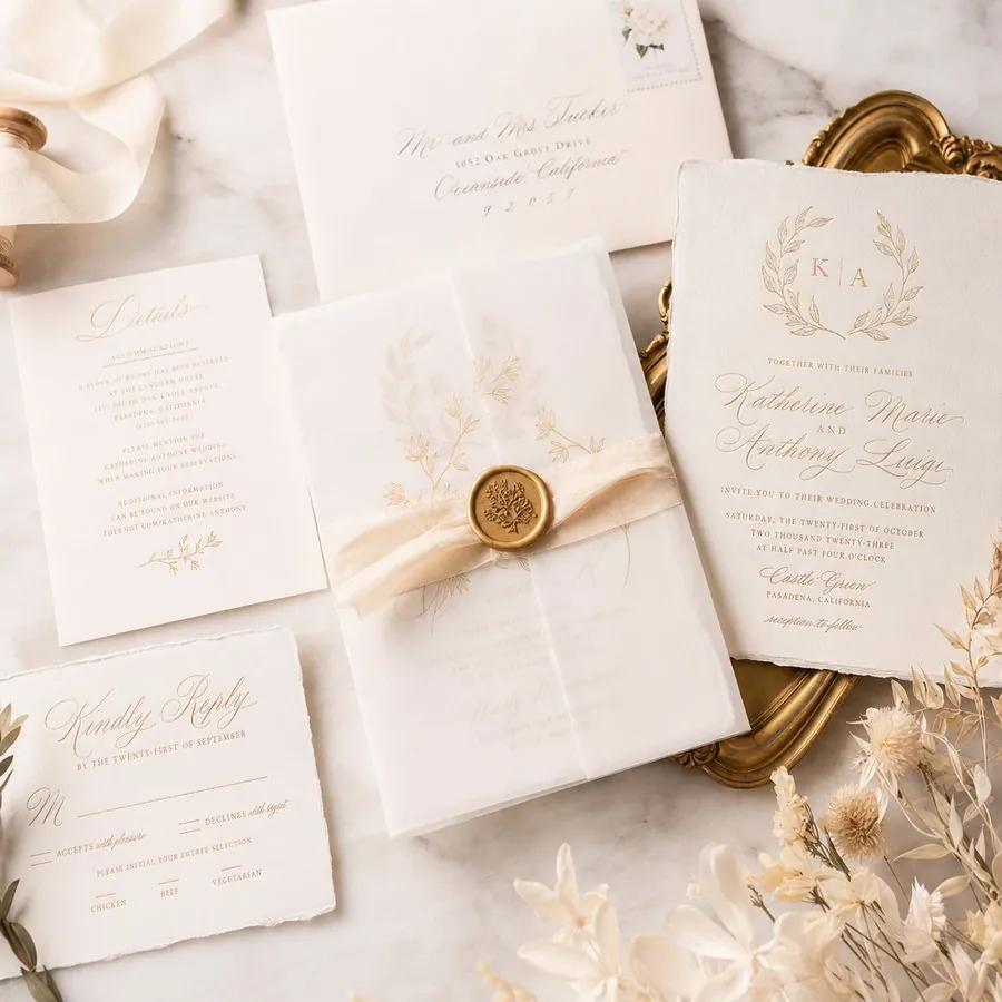A letterpress wedding invitation suite with gold foil, the starting point for the site design
