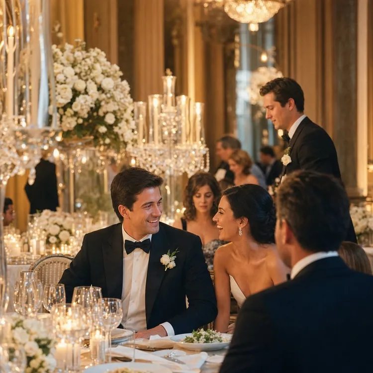 Black tie ballroom reception with candelabra
